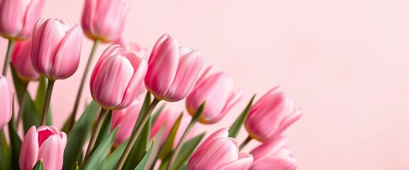 Obraz premium Soft pink tulips in full bloom against a pastel background Spring blossoms, selective focus, vibrant, tulips