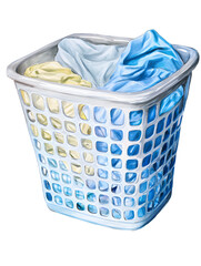 An illustration showcases a white plastic laundry basket filled with folded clothes in varying shades of blue, white, and yellow against a plain white background.
