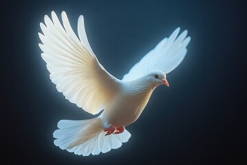 Elegant white dove in mid-flight against a dark background showcasing its graceful wings