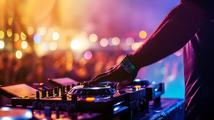 A dj performing at a concert with a mixer and crowd in the background under colorful stage lights .