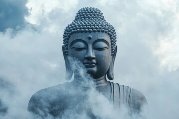 Majestic Buddha statue emerges from thick smoke under a serene sky at dawn, huge Buddha statue and thick smoke  seamless  virtual Photo Background