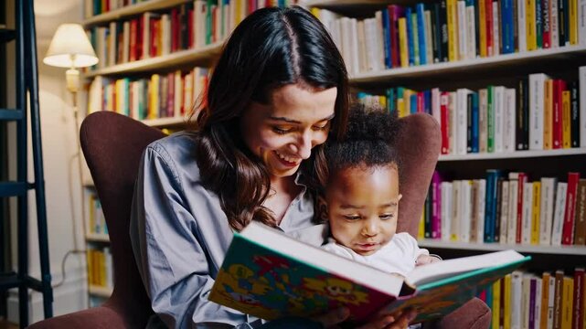 Woman reading to a child in a library. Books line the shelves. The child is focused on the book. Cozy reading time in a library setting.