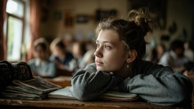 University student girl bored in class looking out window
