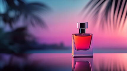 A perfume bottle on a mirror surface, creating a mesmerizing reflection with elegant lighting,