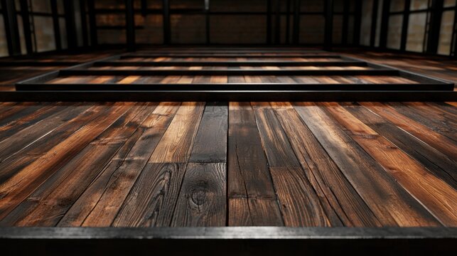 A wooden floor with a black metal frame.