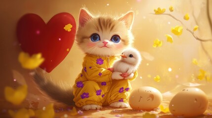 Fototapeta premium Cute kitty with chick