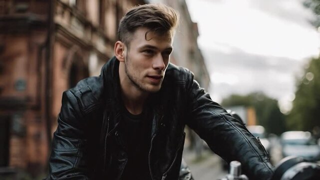 Handsome bad boy sitting on his motorcycle talking