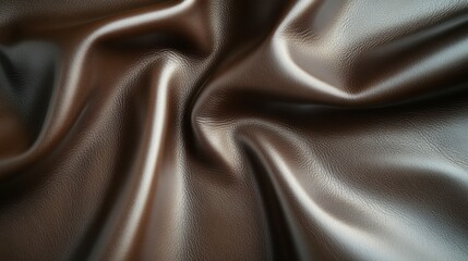 Close-up of brown leather texture with soft folds and wrinkles, showcasing its smooth surface and subtle sheen.