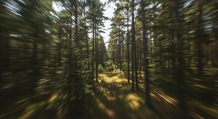 Lush green forest with motion blur effect in summer sunlight  