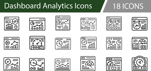 18 Dashboard Analytics Icons. Black Line Web UI Vector Set with Charts, Gauges, Graphs & Speedometers