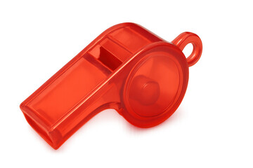 Red whistle isolated on transparent background, perfect for sport, coaching, refereeing, training and alert concepts