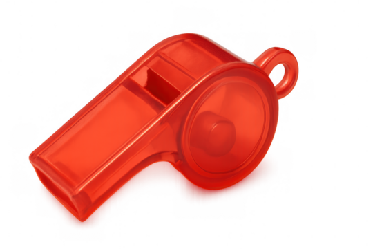 Red whistle isolated on transparent background, perfect for sport, coaching, refereeing, training and alert concepts