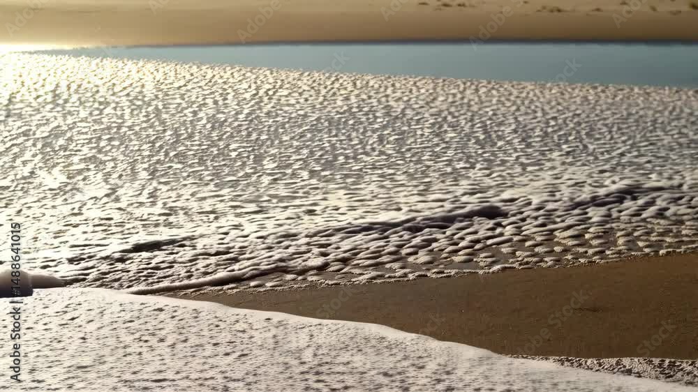 Poster sunlit shoreline view with textured wet sand and shallow water creating abstract patterns on a sandy