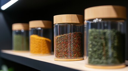 A collection of glass jars filled with various colored powders and seeds, arranged on a shelf.
