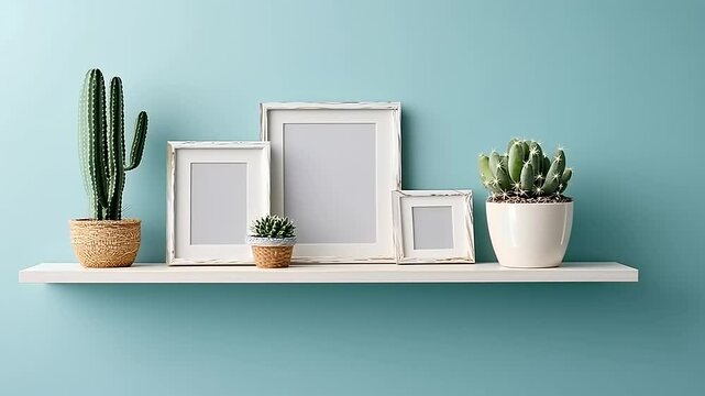 Modern shelf display featuring various empty picture frames and potted cacti against a blue wall