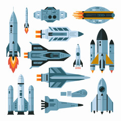 Vector illustration of diverse spaceship and rocket icons – Great for space exploration content, tech branding, or educational use