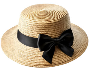 Elegant straw hat featuring a black ribbon bow. Ideal for summer wear, offering sun protection and a fashionable look for outdoor activities. Isolated on transparent background, png.