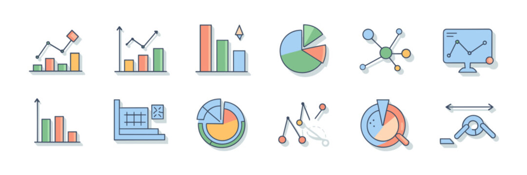 Clean vector data analysis icon sheet with graphs and statistics &ndash; Suitable for educational materials, business reports, or tech interfaces