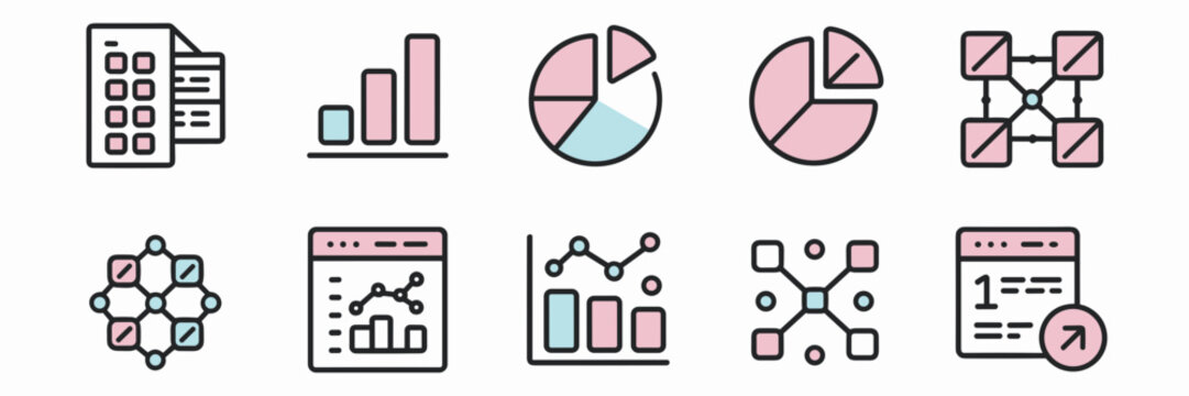 Minimalist vector icon set of data analysis tools &ndash; Ideal for digital apps, business reports, or financial dashboards