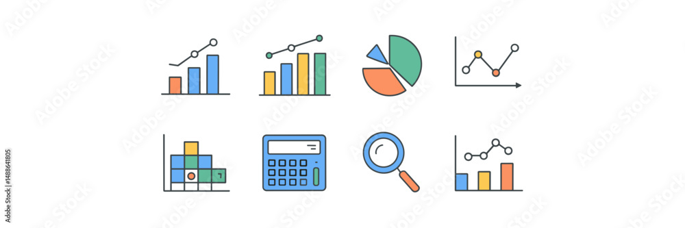 Poster vector icon sheet with data analysis symbols in grid layout – perfect for analytics software, presen