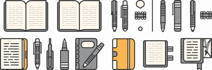 Icon sheet of notebooks, pens, and office supplies – Ideal for productivity themes, school content, or stationery branding
