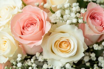 Closeup of a beautiful bouquet featuring pink and cream roses surrounded by delicate filler flowers, Closeup of bouquet with pink and cream roses small white flowers
