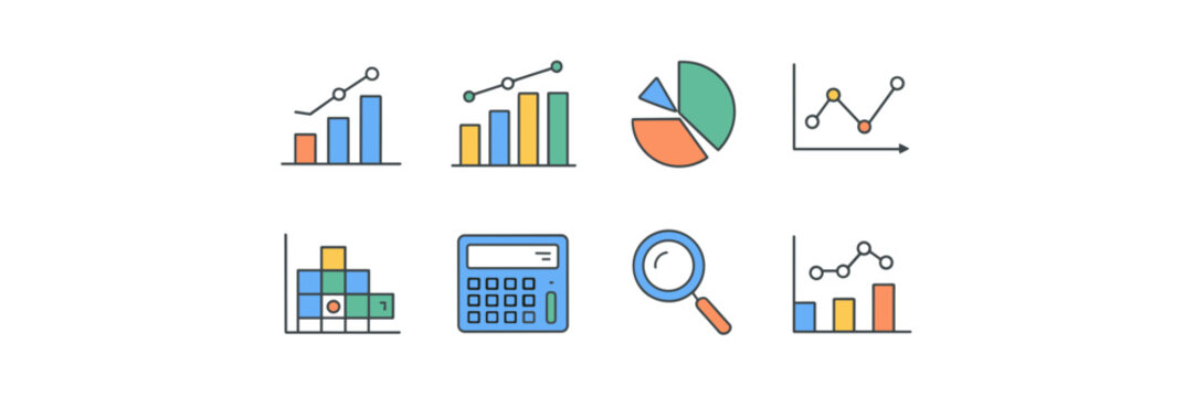 Vector icon sheet with data analysis symbols in grid layout &ndash; Perfect for analytics software, presentations, or infographics