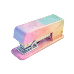 A watercolor-painted stapler with a blend of soft pastel hues sits on a white background creating a minimalistic and whical office supply illustration.