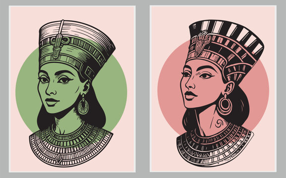 Cleopatra face, Egyptian pharaoh queen, ancient goddess portrait, Egypt woman black hair, gold crown. Mythology character, jewelry necklace old civilization Nefertiti princess. Egypt Cleopatra clipart