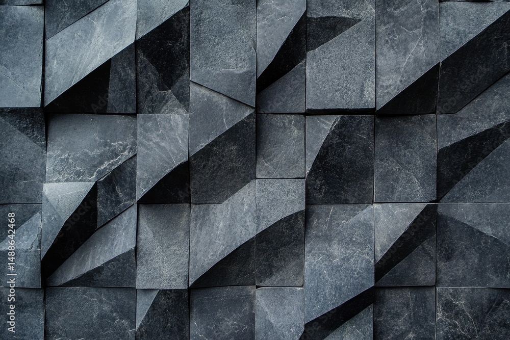 Poster textured surface featuring repeating geometric patterns in shades of dark gray and black, closeup of