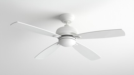 A white ceiling fan with four blades and a black stripe on the center.