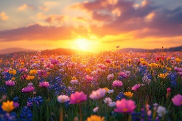 Obraz premium Colorful wildflower field illuminated by sunset overlooking distant hills in a serene landscape