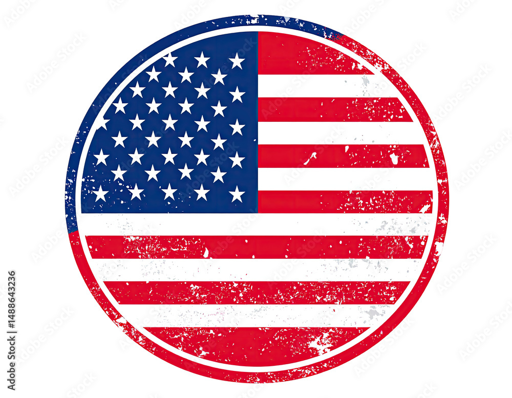 Poster iconic flag emblem in a circular shape with a distressed effect against a transparent background.