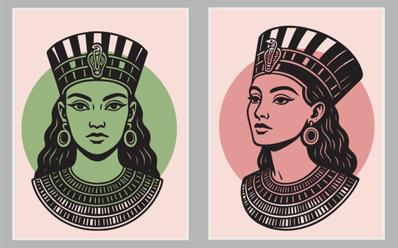 Cleopatra face, Egyptian pharaoh queen, ancient goddess portrait, Egypt woman black hair, gold crown. Mythology character, jewelry necklace old civilization Nefertiti princess. Egypt Cleopatra clipart