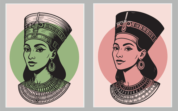Cleopatra face, Egyptian pharaoh queen, ancient goddess portrait, Egypt woman black hair, gold crown. Mythology character, jewelry necklace old civilization Nefertiti princess. Egypt Cleopatra clipart