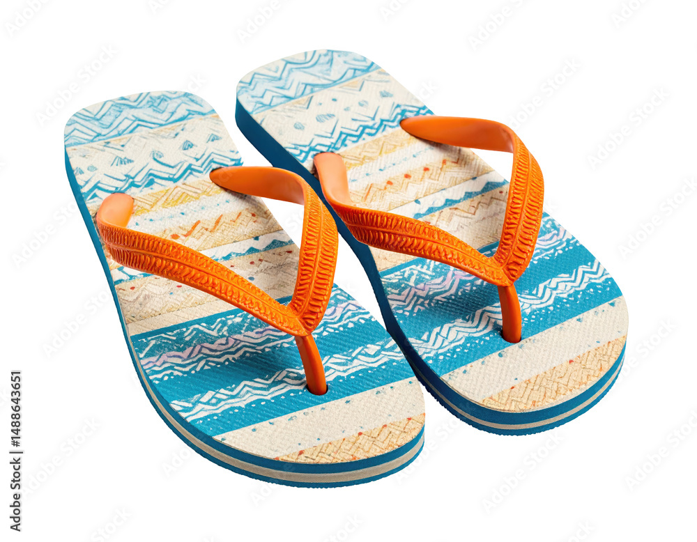 Poster pair of detailed flip-flops with blue and white patterns and bright orange straps. isolated with a t