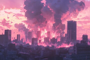 Obraz premium City in chaos under a dramatic sky filled with smoke and destruction during an apocalyptic event, A city in disaster Anime or digital painting style, ing Photo background