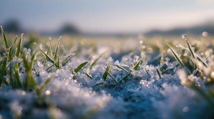 Frosty meadow grass covered in a light dusting of snow
