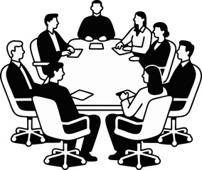Line Art Business Meeting: Team Collaboration Around Conference Table