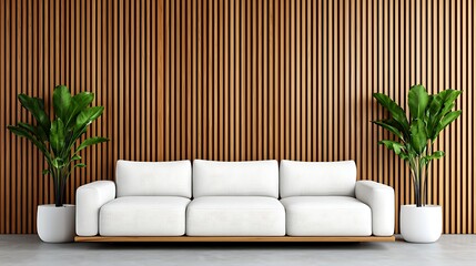 Minimalist Living Room Interior: White Sofa, Wood Wall, and Green Plants Creates Serene Atmosphere for Modern Home Decor.