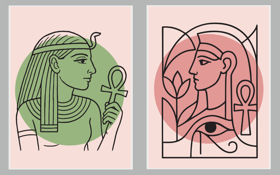 ancient Egyptian art. Egyptian woman wearing a headdress. with Eye of Horus, and a lotus flower. black line art illustration 