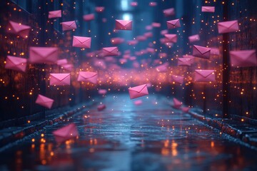 Obraz premium Envelopes float in the air above a dark, wet alley illuminated by soft blue light during twilight