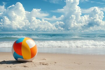 Colorful beach ball rests on sandy shore with ocean waves gently rolling in under a bright sky, Colorful beach ball on sandy with ocean waves and cloudy sky