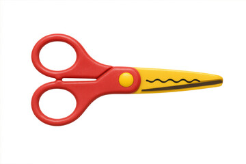 Vibrant children's craft scissors featuring wavy-edged blades, positioned against transparent backdrop