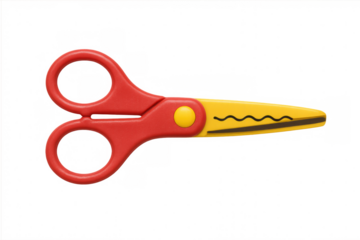 Vibrant children's craft scissors featuring wavy-edged blades, positioned against transparent backdrop