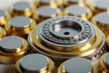 A close-up macro photograph of ornate silver and gold mechanical components