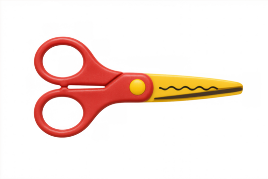 Vibrant children's craft scissors featuring wavy-edged blades, positioned against transparent backdrop