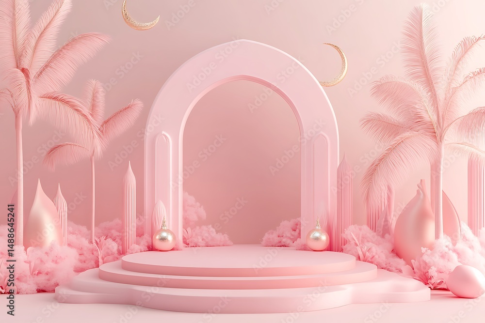 Poster 3d render of minimal product display podium and palm tree background.