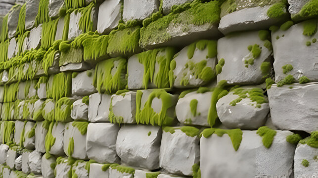 Ancient stones wall of fortress cover with moss. Green Moss Covered Castle Walls with quadrangular ancient rock stones with moss in the cracks and crevices.