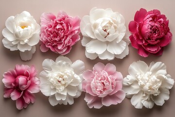 Colorful display of peony flowers arranged in a grid pattern showcasing various shades and textures